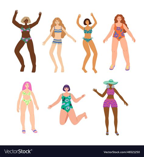Happy Women In Swimsuit And Beach Bikini Vector Image