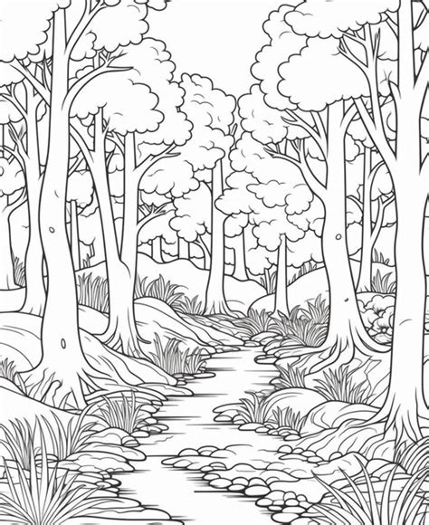 Un Dibujo En Blanco Y Negro De Un Bosque Con Un Arroyo Generativo Ai