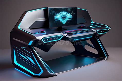 A Futuristic Gaming Desk, with Sleek Lines and Holographic Displays ...