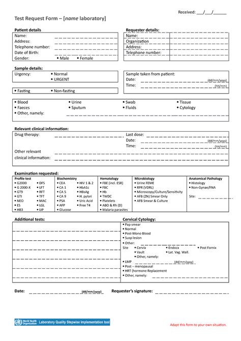 Template Laboratory Request Form 0 Received Test Request