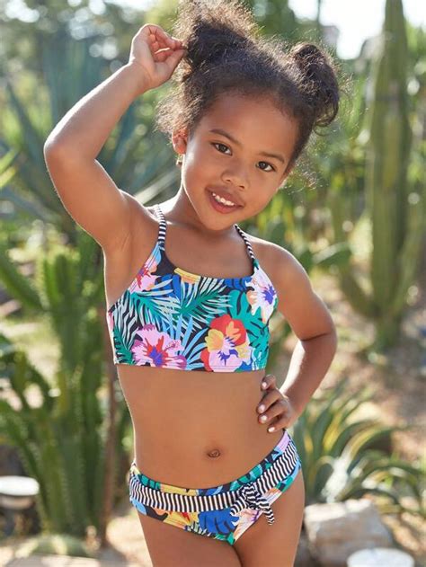 Chica Preadolescente Ba Ador Bikini Tropical Con Estampado Floral