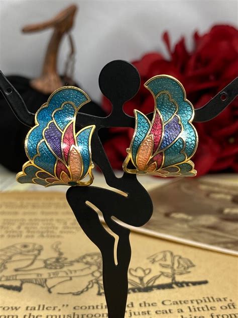 Vintage Butterfly Cloisonné Clip on Earrings Gem