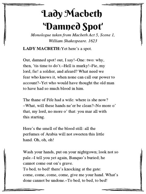 Lady Macbeth Damned Spot Monologue Taken From Macbeth Act 5 Scene 1 William Shakespeare