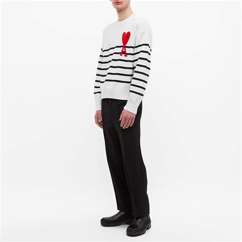 AMI Large A Heart Striped Crew Knit WhtBlck Rd END US