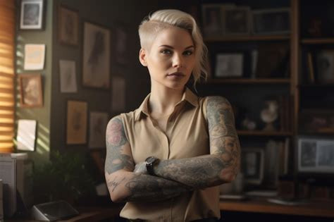 Premium Photo A Tattooed Woman With Blonde Short Haircut Standing In The Office Generative Ai