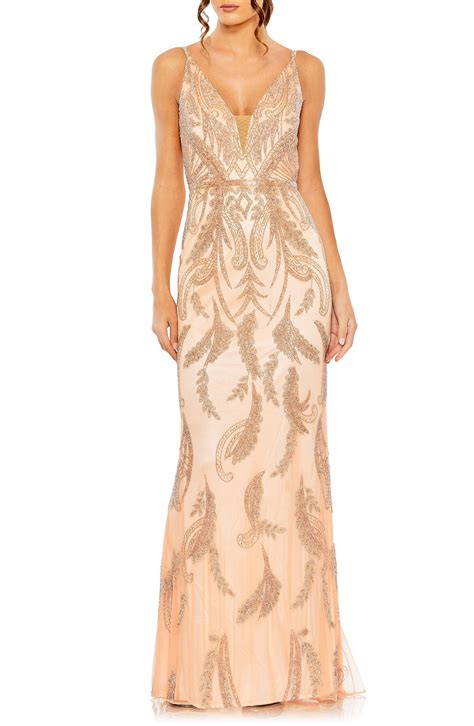 Mac Duggal Sequin Embellished Sheath Gown Apricot Editorialist