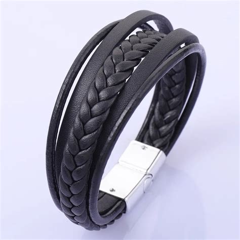 Genuine Leather Bracelets Men Stainless Steel Multilayer Braided Rope