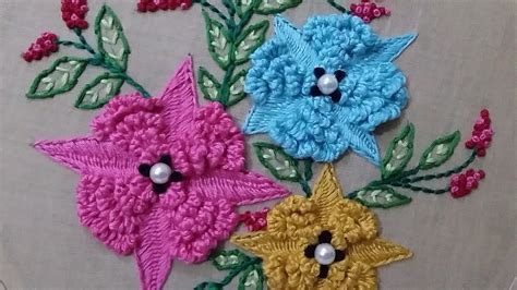 Hand Embroidery Of Flowers With Roumanian Couching Stitch And Detached Double Buttonhole Stitch