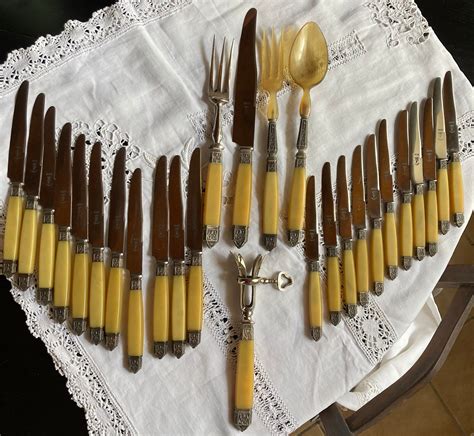 Beautiful Set Antique French Bone Handled Serving And Knife Ensemble