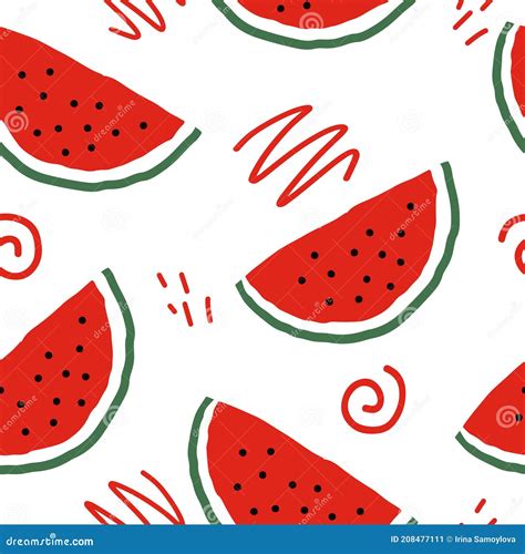 Watermelon Slices And Doodles Vector Seamless Pattern Hand Drawn Stock