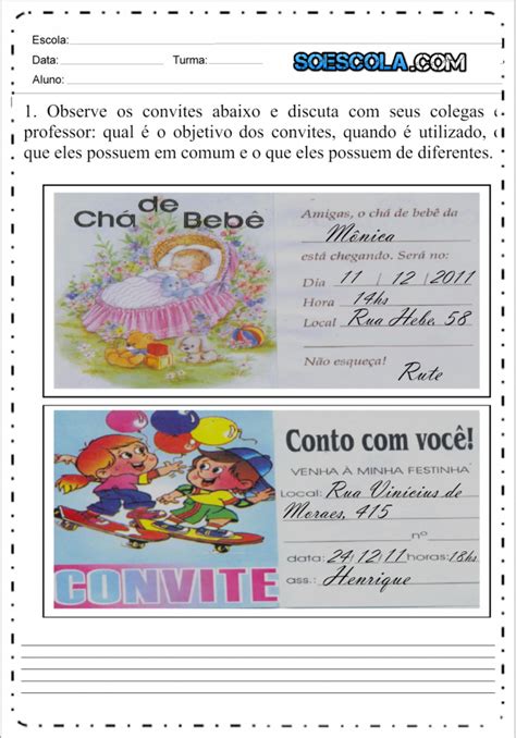 Atividades Gênero Textual Convite SÓ Escola