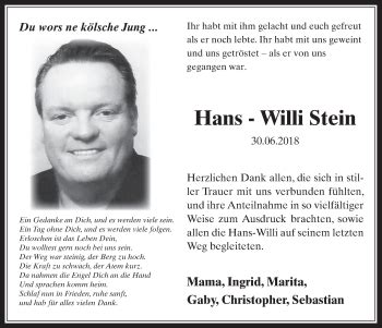 Traueranzeigen Von Hans Willi Stein Wirtrauern