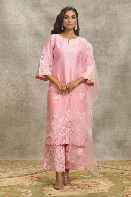 Buy Pink Silk Chanderi Embroidered Floral Cutwork Round Dori Kurta