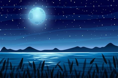 Premium Vector | River Scenery with Full Moon Night Background