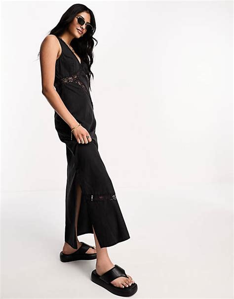 Asos Design Soft Denim Sleeveless Maxi Dress With Lace Insert In Washed Black Asos