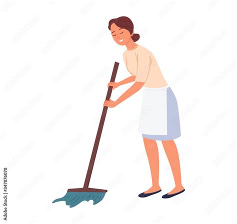 The Smiling Girl Washes The Mop Floors Friendly Maid Or Wife A Professional Cleaner Or A