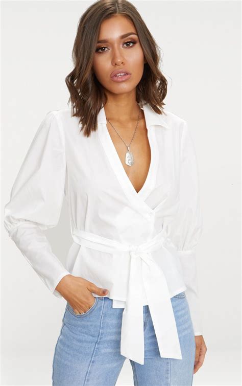 White Tie Waist Plunge Shirt Tops Prettylittlething