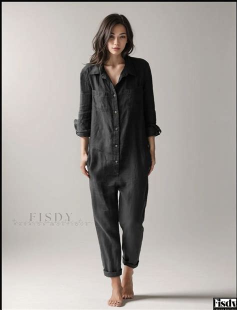 Fisdy Green Long Sleeve Cotton Jumpsuit With Casual Collar And Pocket