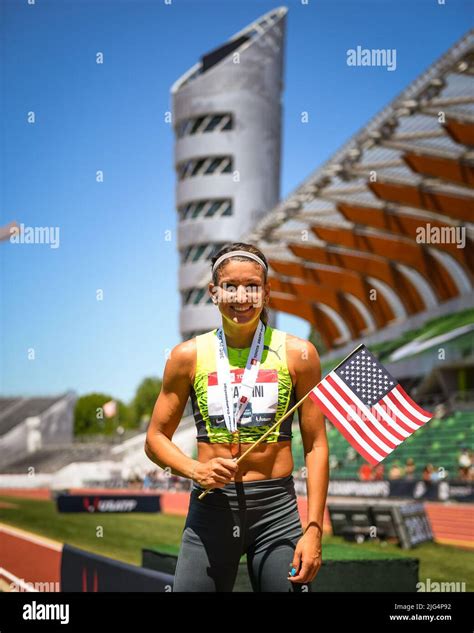 Jenna Prandini Awaits The Xfinity Womens 200m Podium Ceremony At The