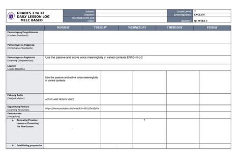 MELC DLL ENG 7 WEEK 3 Q1 DONE GRADES 1 To 12 DAILY LESSON LOG MELC