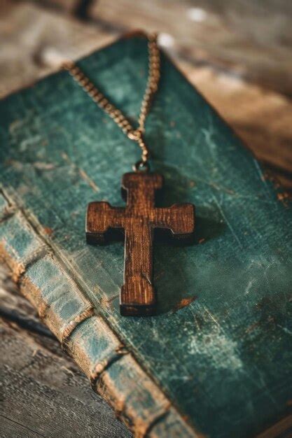 Premium Photo Closeup Of Wooden Christian Cross Necklace Next To Holy