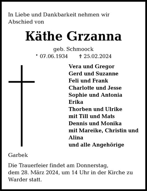 Traueranzeigen Von K The Grzanna Trauer Anzeigen De