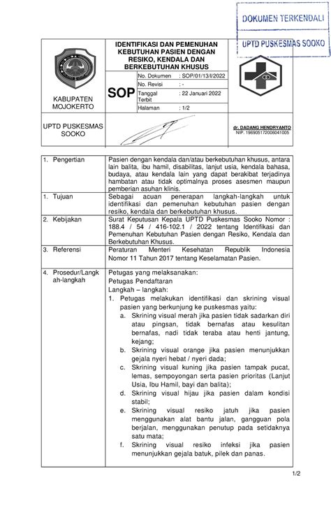 Sop Identifikasi Pasien Kebutuhan Khusus 1 Kabupaten Mojokerto