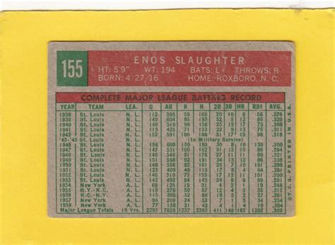 Topps Enos Slaughter New York Yankees G Vg Good Very Good Lot