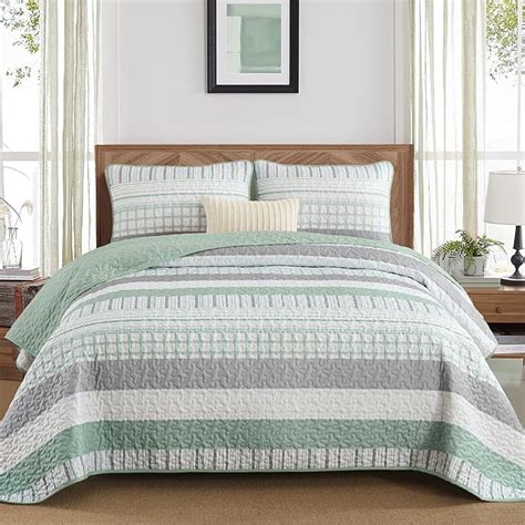 Amazon Djy Striped Quilt Set Queen Size Sage Green Boho Bedspread