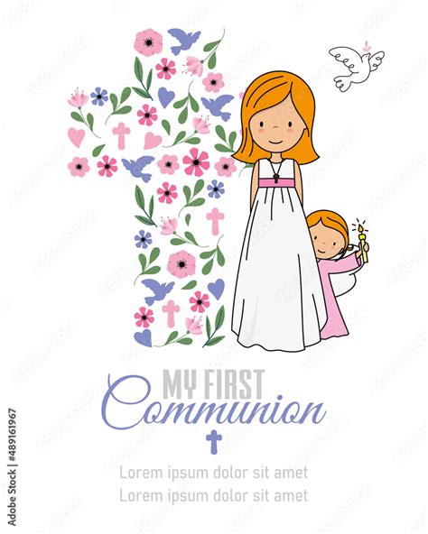 Vecteur Stock Card My First Communion Girl And Angel With A Cross In