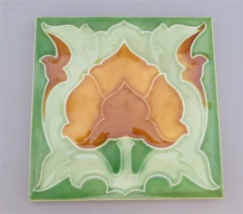 Antique Art Nouveau Majolica Tile Floral Design Corn Bros