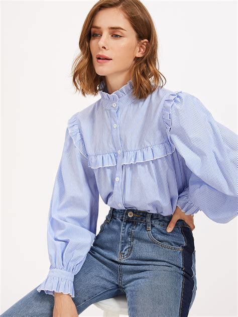 Frill Trim Gigot Sleeve Pinstripe Blouse Shein Sheinside