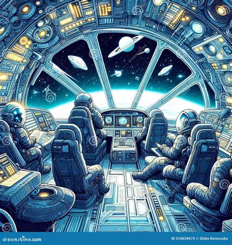 Spaceship Interior with Astronauts in Spacesuits Inside. Stock ...