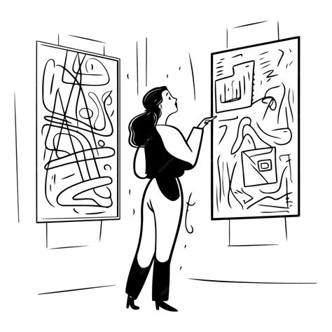 Premium Vector Woman Looking At Artworks In Art Gallery Sketch Vector