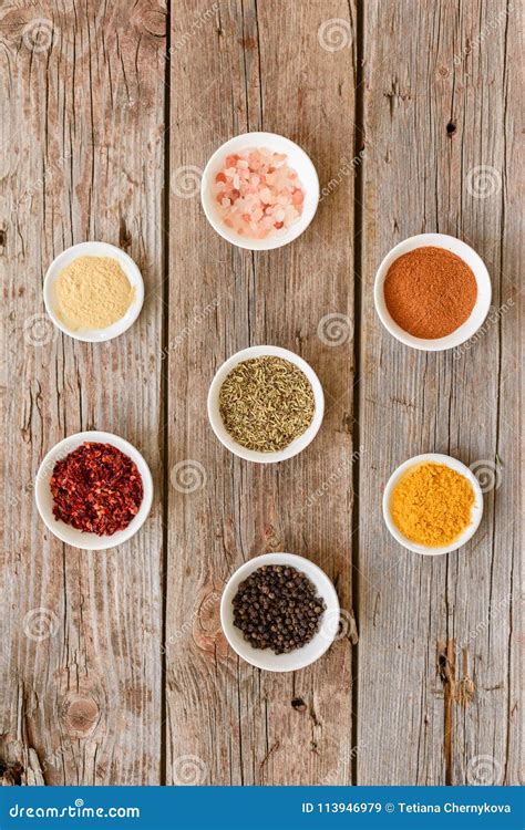 Various Spices On Wooden Spoons Stock Image Image Of Paprika