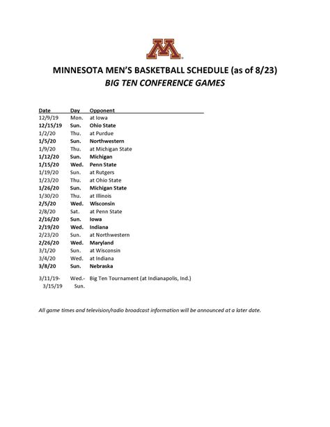 Printable Gopher Football Schedule