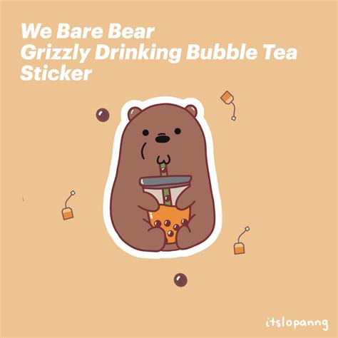 We Bare Bear Grizzly Drinking Bubble Tea Sticker Bear Logo Design