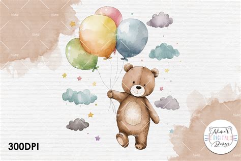 Watercolor Bear Flying With Balloons Graphic By Achmardigitaldesign