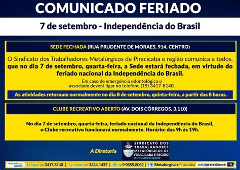 Comunicado Feriado 7 de setembro Independência do Brasil