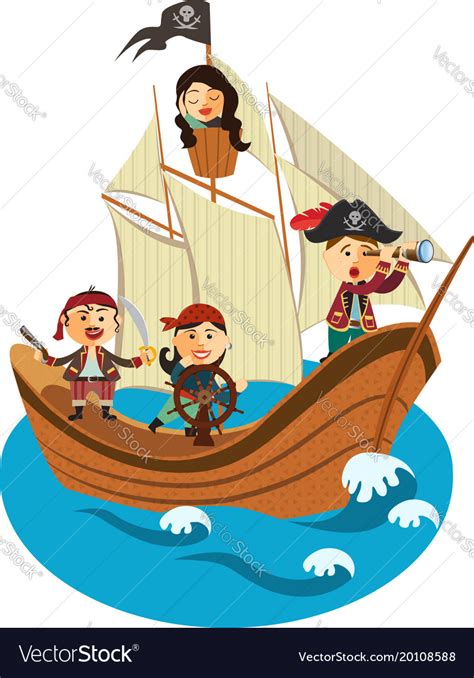 Happy pirates sailing in their pirate ship Vector Image