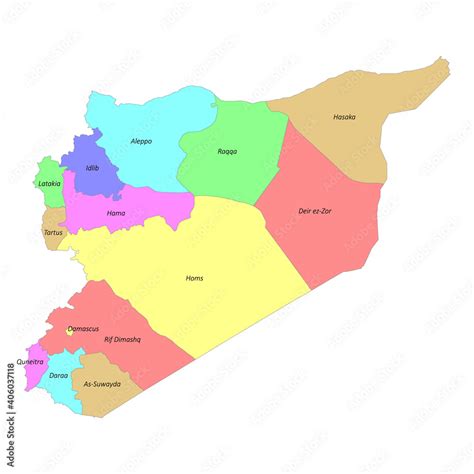 High quality labeled map of with Syria borders of the regions Stock ...