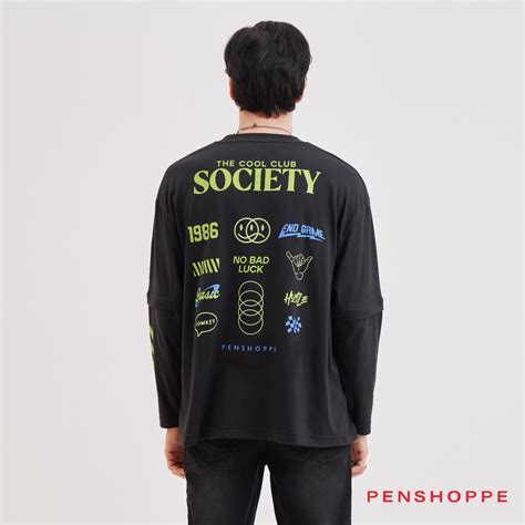 Penshoppe Long Sleeves Oversized Fit Graphic T Shirt For Men Black