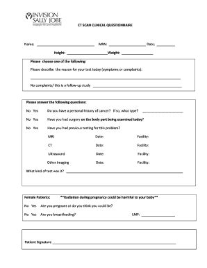 Fillable Online Ct Scan Clinical Questionnaire Name Mrn Date Fax