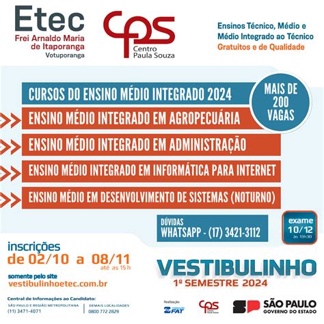 VESTIBULINHO ETEC 1 SEMESTRE 2024 Etec De Votuporanga