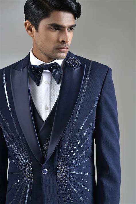 Buy Dark Navy Blue Cutdana Embroidered Italian Tuxedo Suit Online