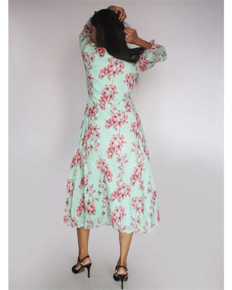 Green And Pink Floral Printed Flared Dress By Threeness The Secret Label