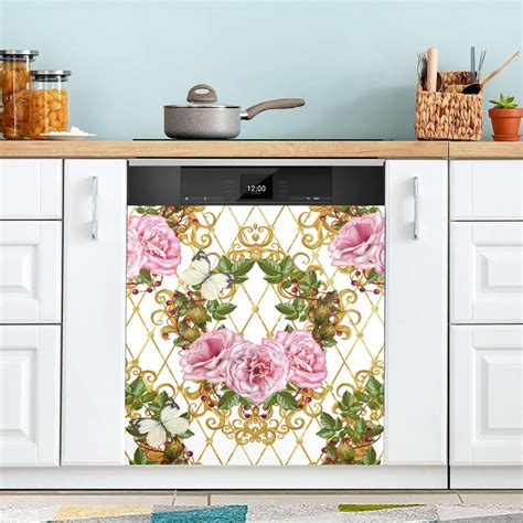 Skysonic Dishwasher Magnet Cover Vintage Gold Pink Rose Leaves Magnetic