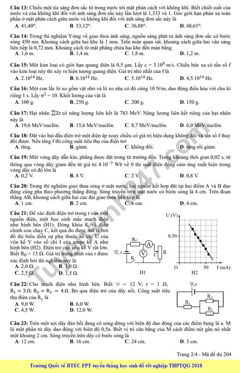 Đáp án đề thi THPT Quốc Gia 2018 môn Lý mã đề 204 của Bộ GD