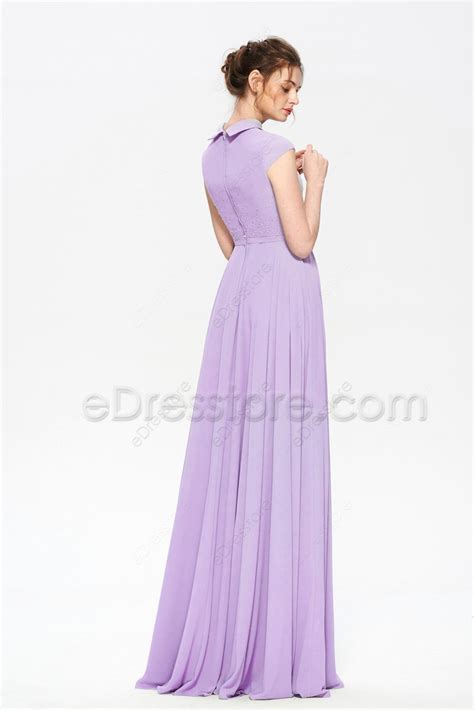 Modest Lds Beaded Lilac Bridesmaid Dresses Crew Neck Turn Down Collar