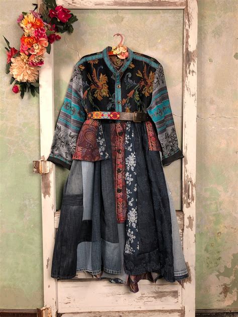 L XL Bohemian Brocade Denim Coat Patchwork Outerwear Coat Boho Maxi